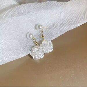 Elegant White Rose Pearl Earrings